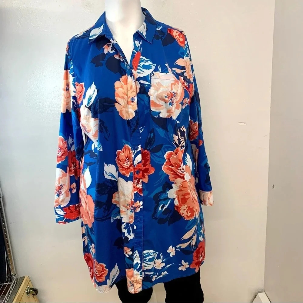 D Co Beach Shirt Woman 2X Cover Up Blue Print Button Front Pockets Tunic Light